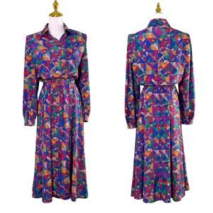 Vintage 80s Schrader Geometric Silky Pleated Secretary Dress Women’s Size 12
